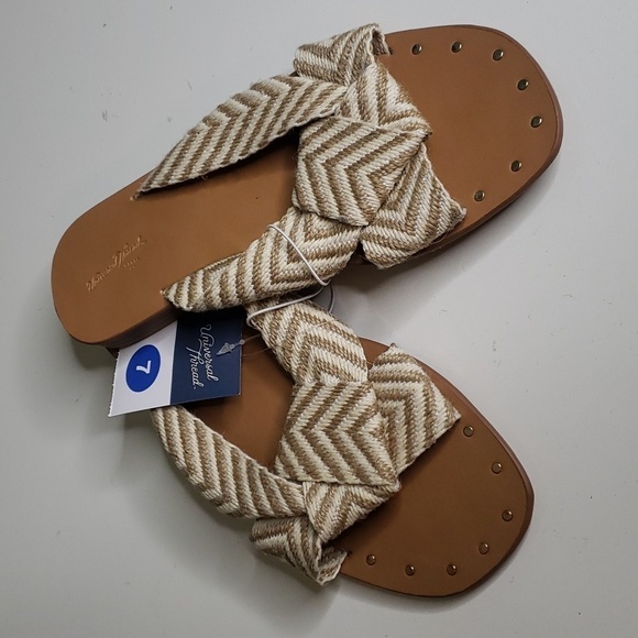 WOMEN'S Tan Stripe Woven Fabric Studded Bottom Sandals Universal Thread - Picture 1 of 7